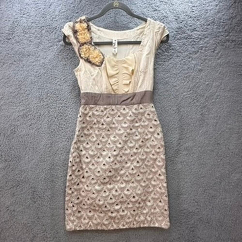Anthropologie Floreat Size 2 Dress Beige One Shoulder Floral Design‎ Fancy Boho